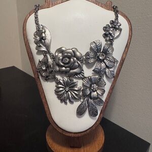 Floral Silver Statement Necklace Vintage Jewelry